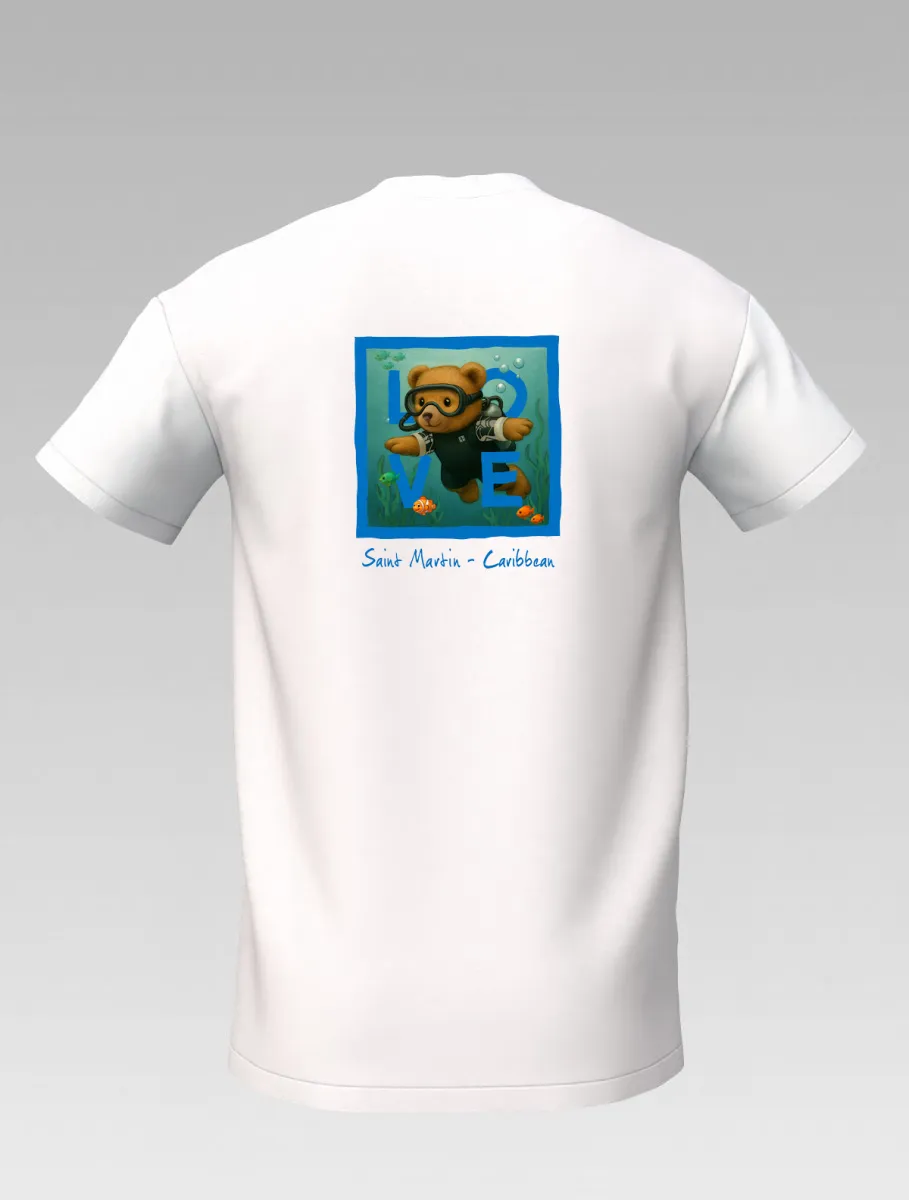 Kids’ White T-shirt – Diving Bear – Signature St Martin – LOVE Edition