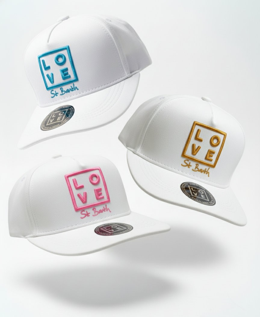 Baseball Cap Love St Barth Adjustable – Cream white/White – Two embroidered logos on the front and back in turquoise, pink or dark orange