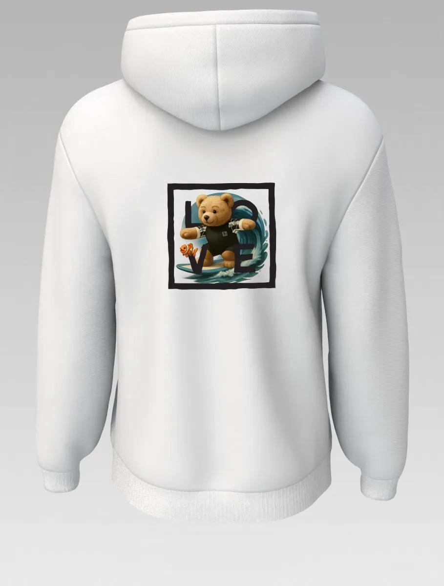 White Kids’ Hoodie “Adventure” – St. Barth & St. Martin Signature – LOVE Edition "Ride the Waves with the Surfing Bear – The Caribbean Hoodie Kids Love!"