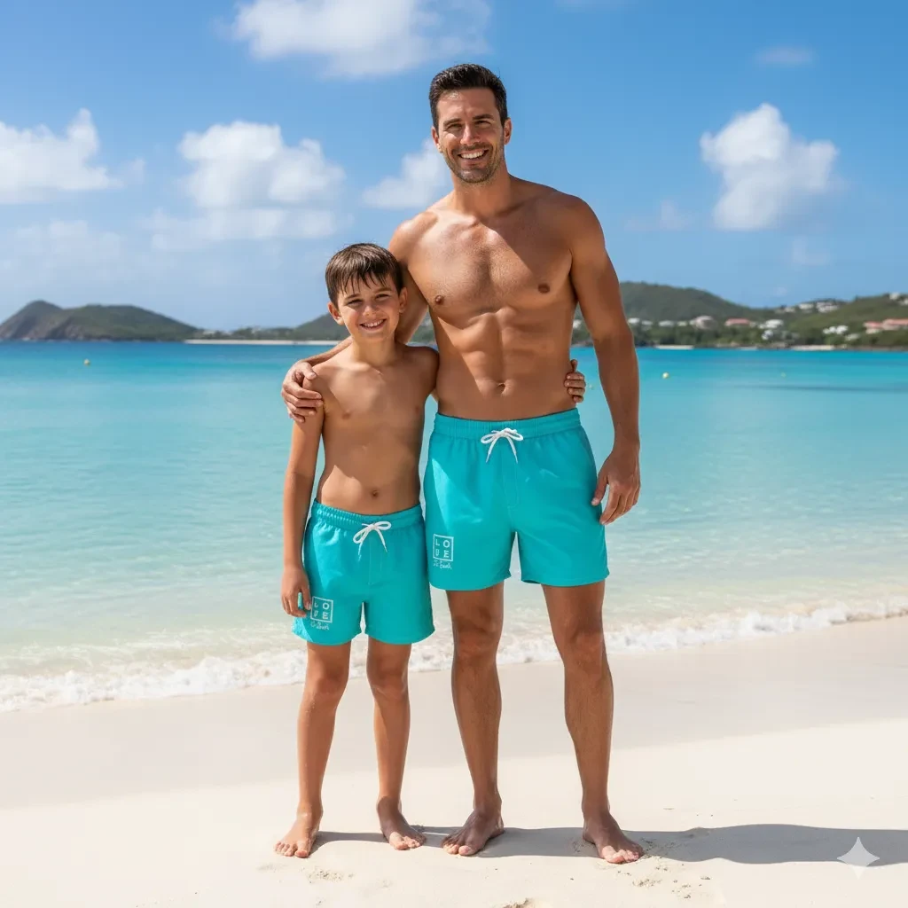 LOVE "OCEAN BLUE PETROL, BLACK & CAMEL" - Matching Father and Son Swim Shorts | Lightweight, Mesh Lining, Inner Netting, Elasticated Waistband Blue Petrol with Logo Print.