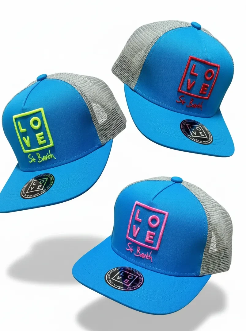 Trucker Cap – Blue/Grey – Logo Embroidered in Neon Green, Fluo Pink, and Red