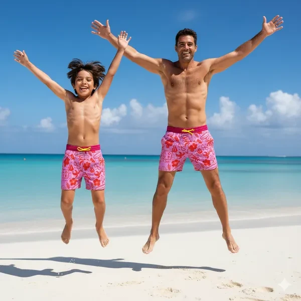 LOVE “Aruba” Red & African Violet – Father & Son Matching Swim Shorts | Lightweight, Mesh Lining, Inner Net & St Barth Print