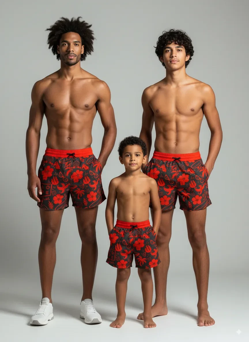 LOVE “Aruba” Red & Black – Father & Son Matching Swim Shorts | Lightweight, Mesh Lining, Inner Net & St Barth Print