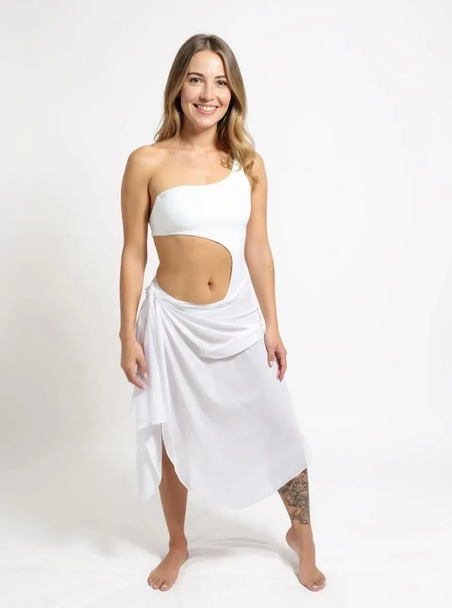 ISIA, One-shoulder one-piece swimsuit with gold ring and a matching swim skirt