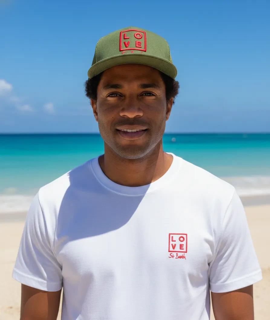 Love Concept Store St Barth Trucker Cap – Olive Green / Military Green – Embroidered Logo in Deep Red