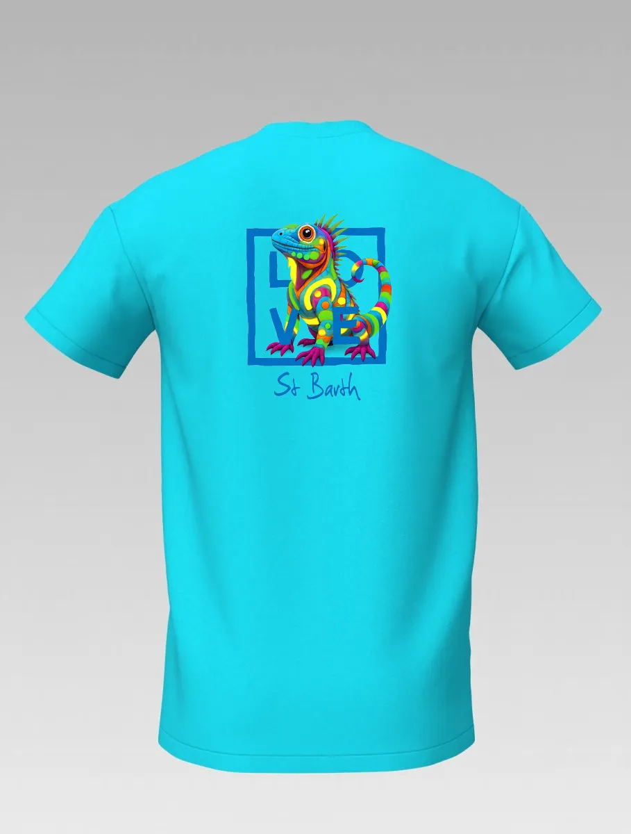 Kids’ turquoise T-shirt – Cotton and elastane – Iguana of St. Barth – LOVE Children’s Edition-