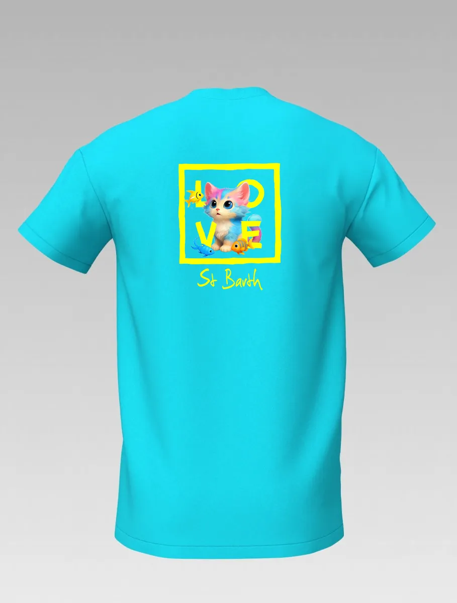 Blue Kids’ T-shirt “Caribbean Sky” – Playful Cat and Fish – St Barth Signature – LOVE Edition