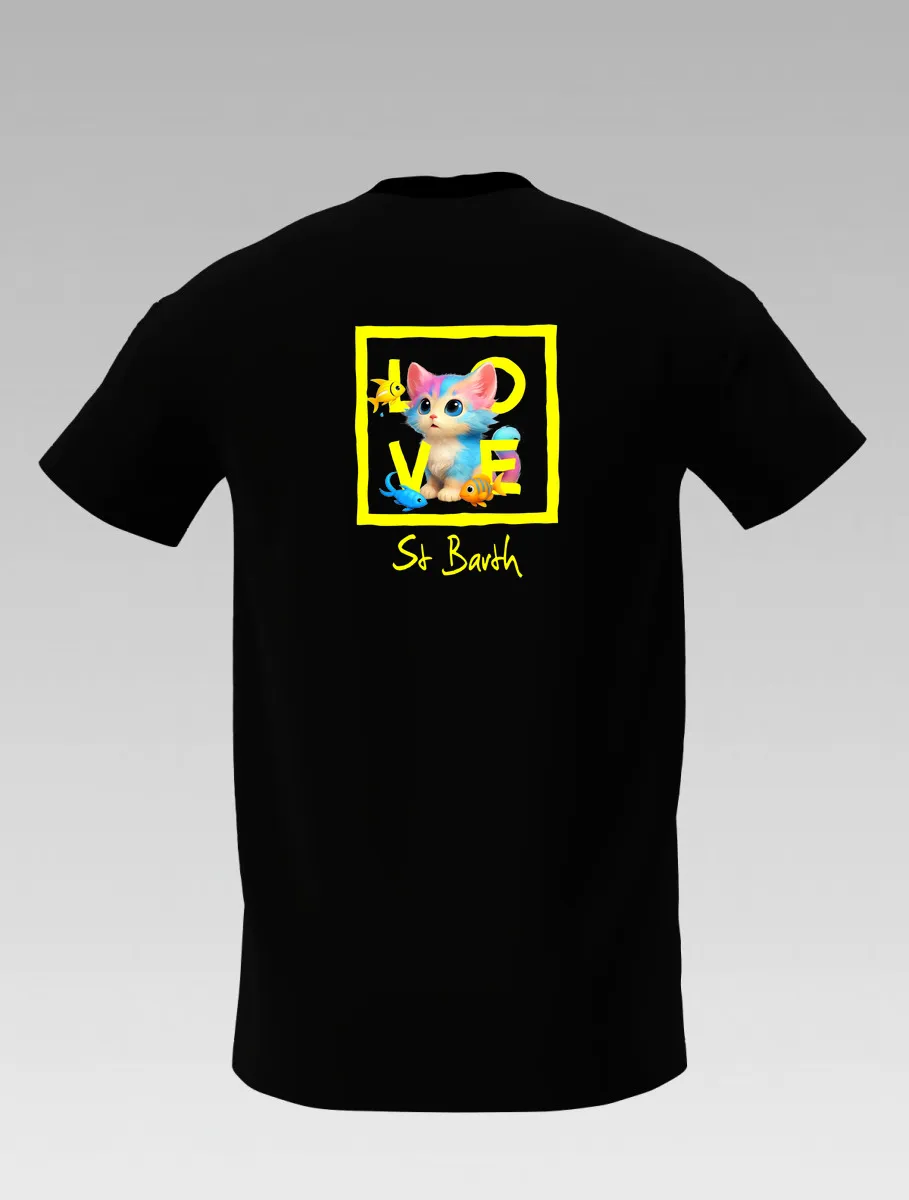 Black Kids’ T-shirt – Playful Cat and Fish – St Barth Signature – LOVE Edition