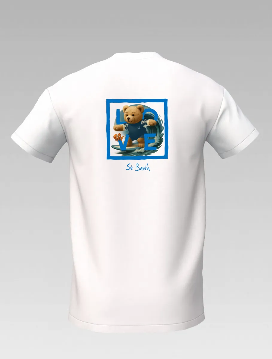 White Kids’ T-shirt – Surfing Bear – Signature St Barth – LOVE Edition