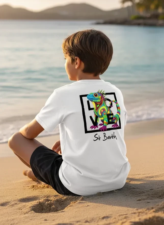 White Kids T-Shirt – Cotton & Spandex – Signature St Barth – LOVE Iguana Edition